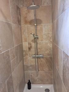 a shower with a shower head in a bathroom at Templemars proximité Lille 4 personnes jardin in Templemars