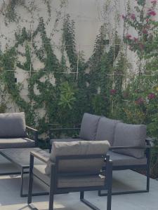 two chairs and a couch in front of a wall with plants at Luxury Escape W DAMMS chalet Private Pool in Riyadh