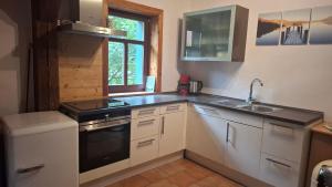 a small kitchen with a sink and a stove at Gemütliches 1-Zimmer-Appartment mit Balkon in Markkleeberg +6 photos