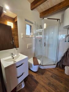 a bathroom with a shower and a toilet and a sink at Fajne Domki in Jastarnia +99 photos