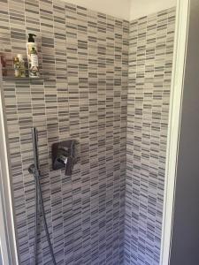 a shower in a bathroom with a tiled wall at Mansarda Cadore in Pieve di Cadore +10 photos