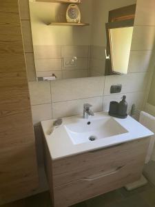a bathroom with a sink and a mirror at Mansarda Cadore in Pieve di Cadore