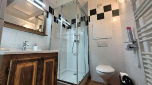 a bathroom with a shower and a sink and a toilet at Résidence Lanslevillard Quartier Eglise - Le Flocon des Bois MAE-2503 in Lanslevillard
