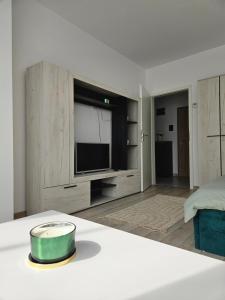 a living room with a large television and a bed at Studio Râșnov VMP Free Parking in Râşnov