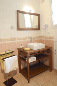 a bathroom with a sink and a mirror at Chambre d'hôtes au Domaine de la Moretie in Cublac