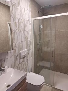 a bathroom with a shower and a toilet and a sink at Korantov Hram 