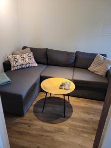 a living room with a couch and a coffee table at Hybelleilighet - Privat - no parking in Tromsø