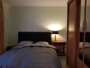 una camera con letto, lampada e specchio di 2-room apartment in the house with the SEPARATE ENTRANCE & FREE parking a Riga