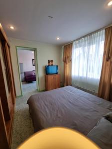 una camera da letto con un letto grande e una televisione di 2-room apartment in the house with the SEPARATE ENTRANCE & FREE parking a Riga Altre 24 foto