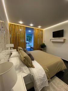 ein Schlafzimmer mit einem großen Bett und einem Fernseher in der Unterkunft 313Apartaestudio del cedro in Bogotá