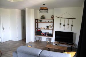 a living room with a couch and a tv at Appartement duplex dans une ancienne usine in Beaupréau