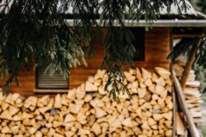 a pile of fire wood in front of a building at Mountain View Tiny House in Lacu Rosu