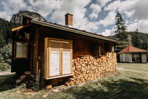 a log cabin with a pile of fire wood at Mountain View Tiny House in Lacu Rosu