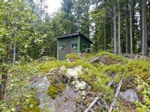 a small green building in the middle of a forest at 6 person holiday home in RYSSBY-By Traum in Agunnaryd