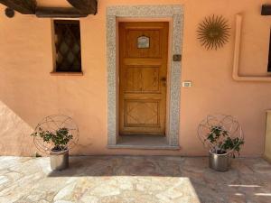 a door of a house with two potted plants at Apartment in Porto Cervo surrounded by greenery in Abbiadori