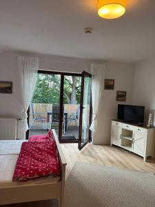 a bedroom with a bed and a television and a balcony at Ferienwohnung mit Balkon FeWo 11 Gustow in Gustow