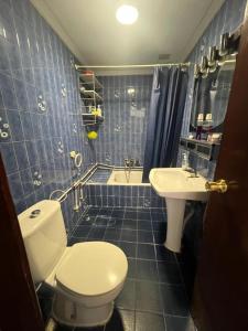 a blue tiled bathroom with a toilet and a sink at Casa Cesar in Llosa de Ranes