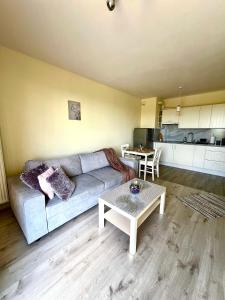 a living room with a couch and a table at Apartament Nasypowa 3 in Gdynia