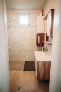 un baño con lavabo y ducha en Apartman AURELIUS, en Vinkovci