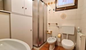 a bathroom with a shower and a toilet and a sink at Nevi Apartment in Folgarida +17 photos