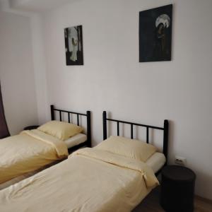 two beds in a bedroom with two pictures on the wall at Cazare Clara Cluj in Cluj-Napoca