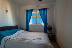 een slaapkamer met een bed met blauwe gordijnen en een raam bij CasaBlanka in Parque Holandes