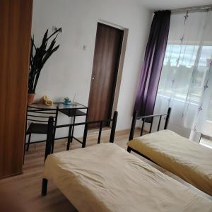 ein Zimmer mit zwei Betten und einem Tisch und einem Fenster in der Unterkunft Cazare Clara Cluj in Cluj-Napoca