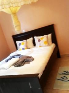 Un dormitorio con una cama con una lámpara encima. en Anjeline Abuko, en Kitale
