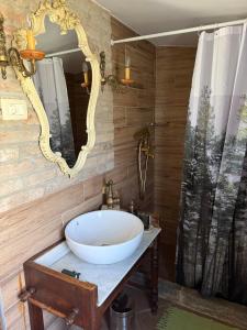 een badkamer met een grote wastafel en een spiegel bij Rustic house with private swimming pool in Pula