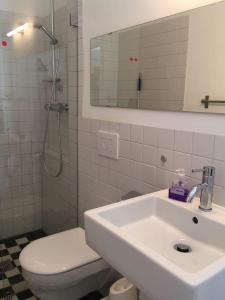 a bathroom with a sink and a toilet and a shower at Art-Apartment-Leo in Bremerhaven