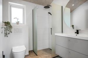 a bathroom with a toilet and a sink and a mirror at 30333-Odder-Violvej-6 in Odder +17 photos