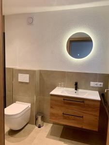 a bathroom with a toilet and a sink and a mirror at Apart Anton in Hainzenberg +15 photos