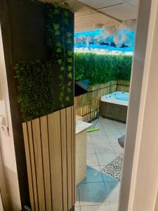 a view of a bathroom with a jacuzzi tub at Appartement avec Jaccuzi & Jardin in Castres