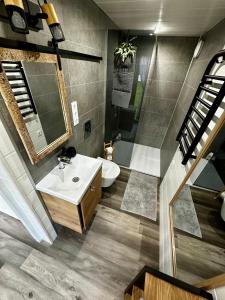 a bathroom with a sink and a mirror at Namiņš atpūtai in Liepāja +43 photos