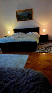 1 dormitorio con 1 cama con 2 lámparas y 1 alfombra en Apartmány Magnólia Štítnik, en Otilia