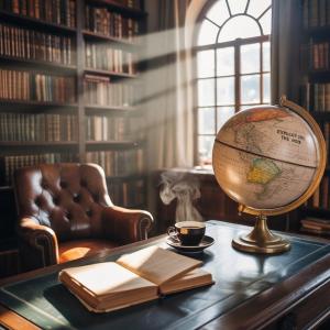 a desk with a globe and a book and a cup of coffee at home in Murree