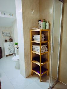 a bathroom with a shower and a shelf with towels at Buen Camino Arzua in Arzúa