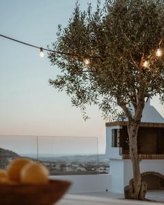 a table with a tree and a plate of bread at Villa Mourelaki in Ierapetra