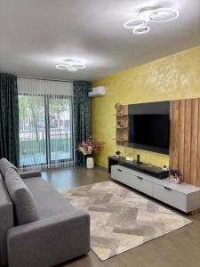 a living room with a couch and a flat screen tv at Biby Luxury Apartament in Ploieşti