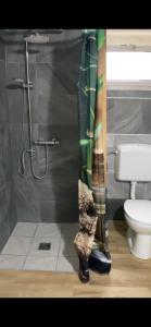 a bathroom with a shower curtain and a toilet at GünON Houses 19 in Linz +16 photos