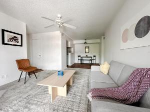 オースティンにあるSleepover 1BD 1BA Austin TX Apartmentsのソファとテーブルのあるリビングルーム