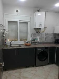 a kitchen with a sink and a washing machine at appartement T2 in Fort de lʼEau