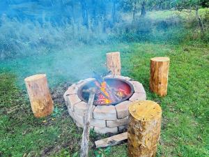 a fire pit made out of logs in the grass at Bee Happy Sparta Mountain Cottage in Sparta