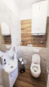 a bathroom with a white toilet and a sink at Villa Raslina View in Raslina