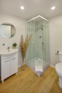 a bathroom with a shower and a sink and a toilet at Turkusowa Osada - family resort in Wapnica