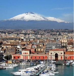 a view of a city with a snow covered mountain at Central Suites Catania in Catania