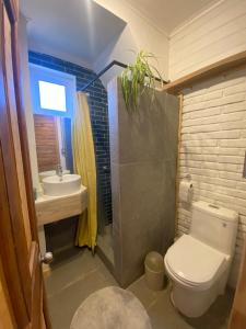 a bathroom with a white toilet and a sink at Paz y tranquilidad en un bello entorno in Buchupureo