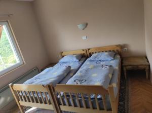 a bedroom with a bed with blue sheets and a window at Vila Fantastico in Skopje