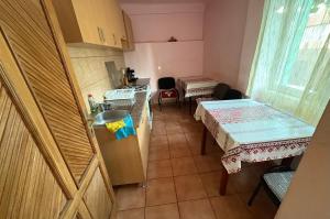 una pequeña cocina con 2 mesas y un fregadero en Casa Maria, en Haieu
