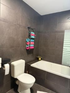 a bathroom with a toilet and a tub and a sink at Urban Cocoon in Liège +11 photos